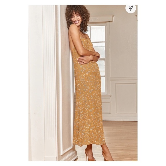 LULU'S Dark Mustard Yellow Floral Print Cross Back Midi Slip Dress Small - Picture 3 of 7